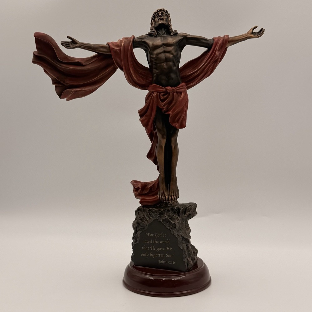 Resurrection of Jesus Christ Figurine Bronze Finish John 3:16 Religious Statue
